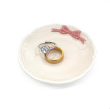 Ceramic Ring Holder Dish, White with Pink Bow, Small Jewelry Tray for Vanity