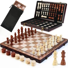 2 in 1 Magnetic Wooden Chess Set & Checkers Board Game, 15’’ Folding Chess Bo...