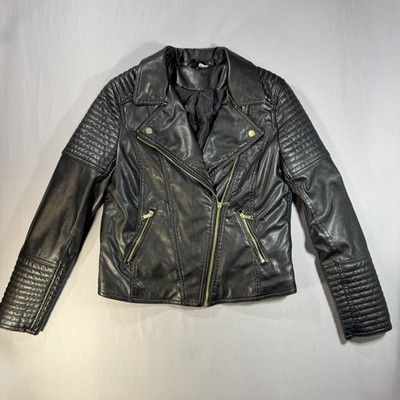 H&M Divided Jacket Women 10 Black Faux Leather Moto Quilted Biker Cross-Zip Cool
