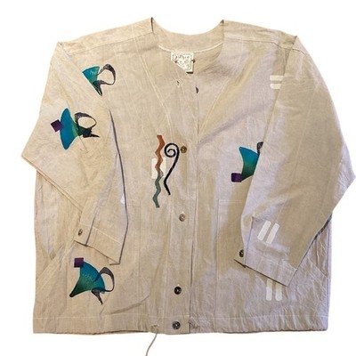 Play Alegre Hand Painted Artsy Boxy Lagenlook Jacket Draw Waist Cotton Cream XL