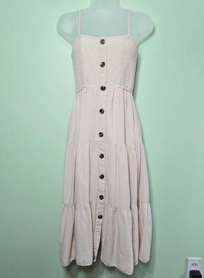 AEO XS Beige tan Smocked Button Front Tiered Midi Dress Cottagecore Minimalist