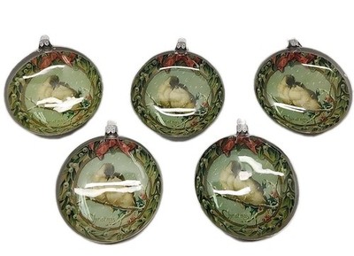 5 VTG GLASS Christmas Ornaments Red Ribbons Sparrows Cuddling  Victorian Style