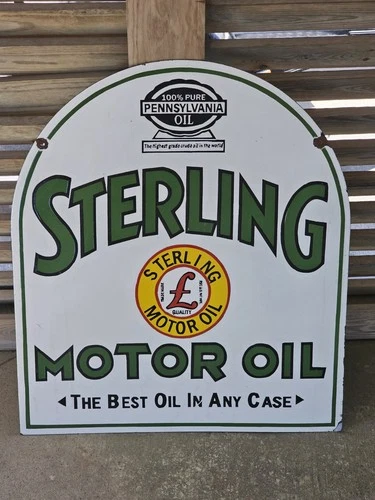 VINTAGE DOUBLE-SIDED STERLING MOTOR OIL PORCELAIN ENAMEL  DEALER SIGN 30" X 26"