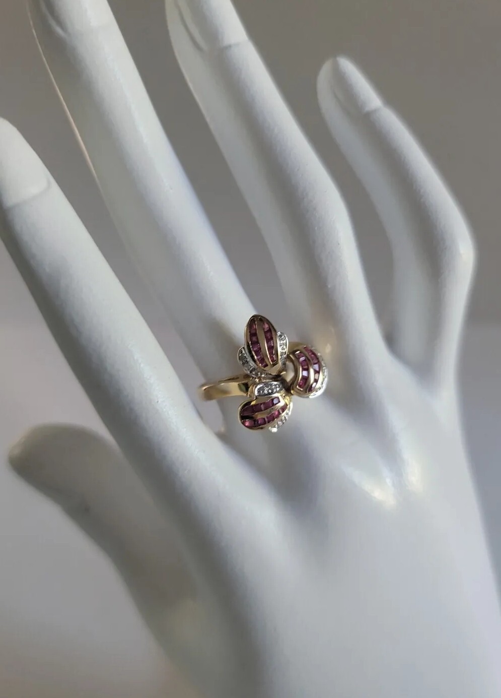 14K Ruby Diamond Ring Pave Ribbon Statement in Ye… - image 2