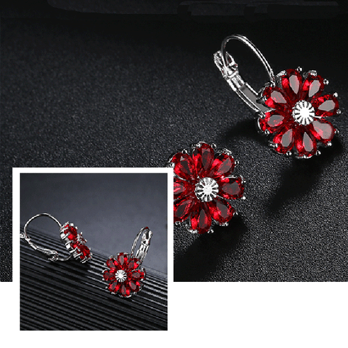 Happy New Year Gift Flower Fire Red Garnet Gems Silver Stud Hook Earrings - Picture 5 of 6