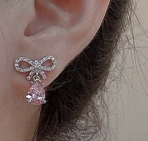 ❤️ FREE Rhinestone Baguette Bow Citron Heart Elegant Pop Girly Artsy Earrings - Picture 7 of 9