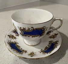 RARE Queen Anne Fine Bone China Blue Gold Teacup And Saucer England Ridgeway