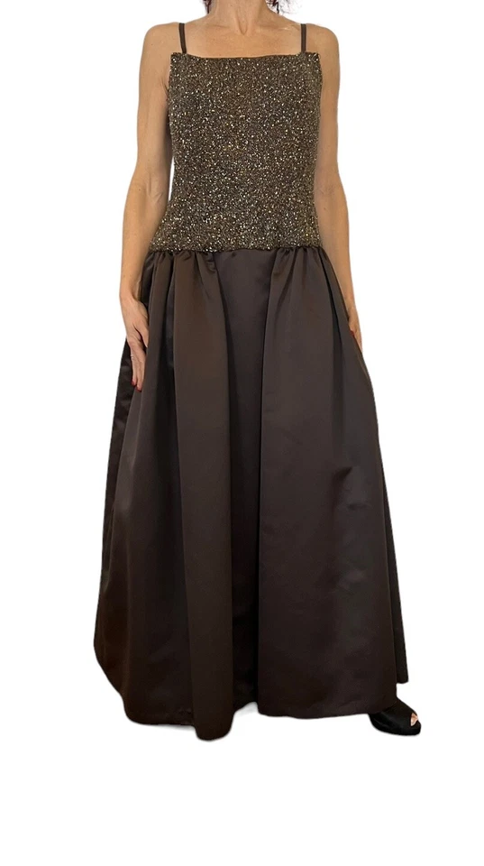 BOB MACKIE WOMEN VINTAGE 80'S SLEEVELSS BROWN BEADED SATIN BALL EVENING GOWN S/M - Image 2 of 4