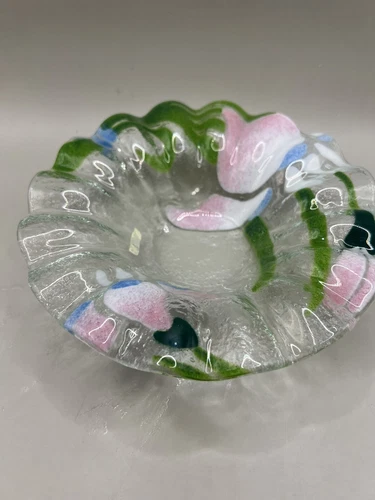 Vintage Sydenstricker Fused Glass Floral Spring  Bowl Ruffled Edge EUC 7”