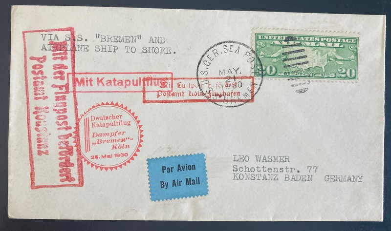 1930 USA Catapult Flight Airmail Cover SS Bremen to Konstanz Germany Ship To Sho