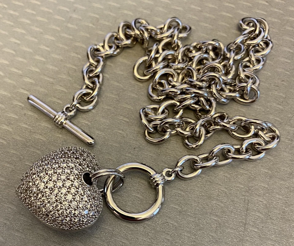 Berricle Toggle Necklace CZ Crystal Puffy Heart Pendant Chunky Rolo Chain 18" BE - Image 4 of 4