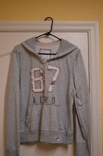 Womens Juniors Aeropostale GRAY Full Zip Distressed Hoodie Sweatshirt Size XL