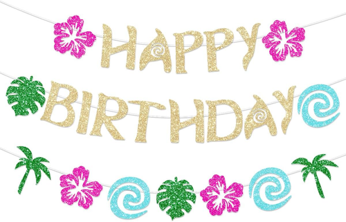 Hawaiian Moana Birthday Banner Party Decoration Glittery Gold for Happy Birthday