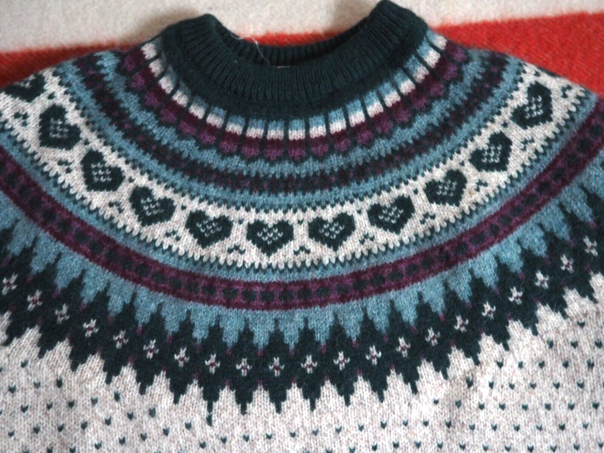 VTG 70s 80s WOOLRICH Fair Isle Beige Green Wool Pullover Sweater
