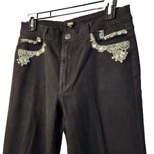 Tesoro Moda Womens Jeans Size 8 Designer Zip Ankles Black Beads Boho Festival 