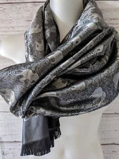 New Women Scarf Wrap 100% Silk Satin Gray Rectangle Elephant Thai Fringe 72*28" 