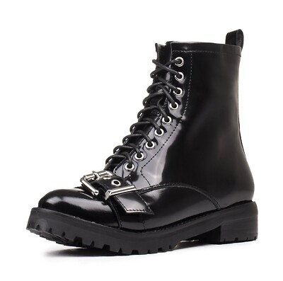 Jeffrey Campbell Women Leather Boots Combat Black, SLAM BUCKLE STRAP, Sz 