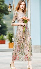Women's Lace Flower Embroidery Dress Long Sleeve Evening Party Cocktail Dresses