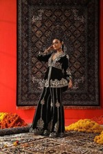 Pakistani Woman Designer Black Partywear Velvet Top Palazzo Se,Heavy Nikah Suit