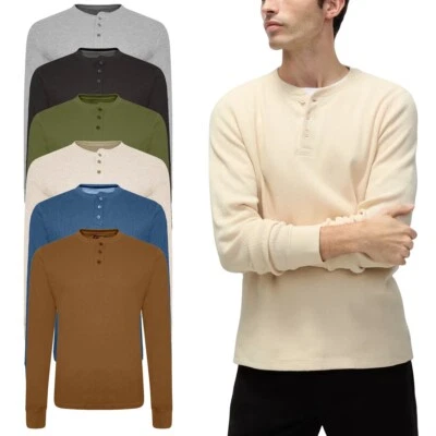 RIVER ROAD Mens Thermal Henley Jumper T-Shirt Plain Grandad Neck Long Sleev Waffle Knit Top