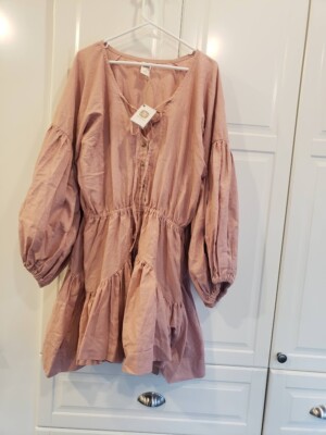 ELF Alessandra Puff Sleeves Linen Dress - Mauve Pink- Womens XXL NEW | eBay