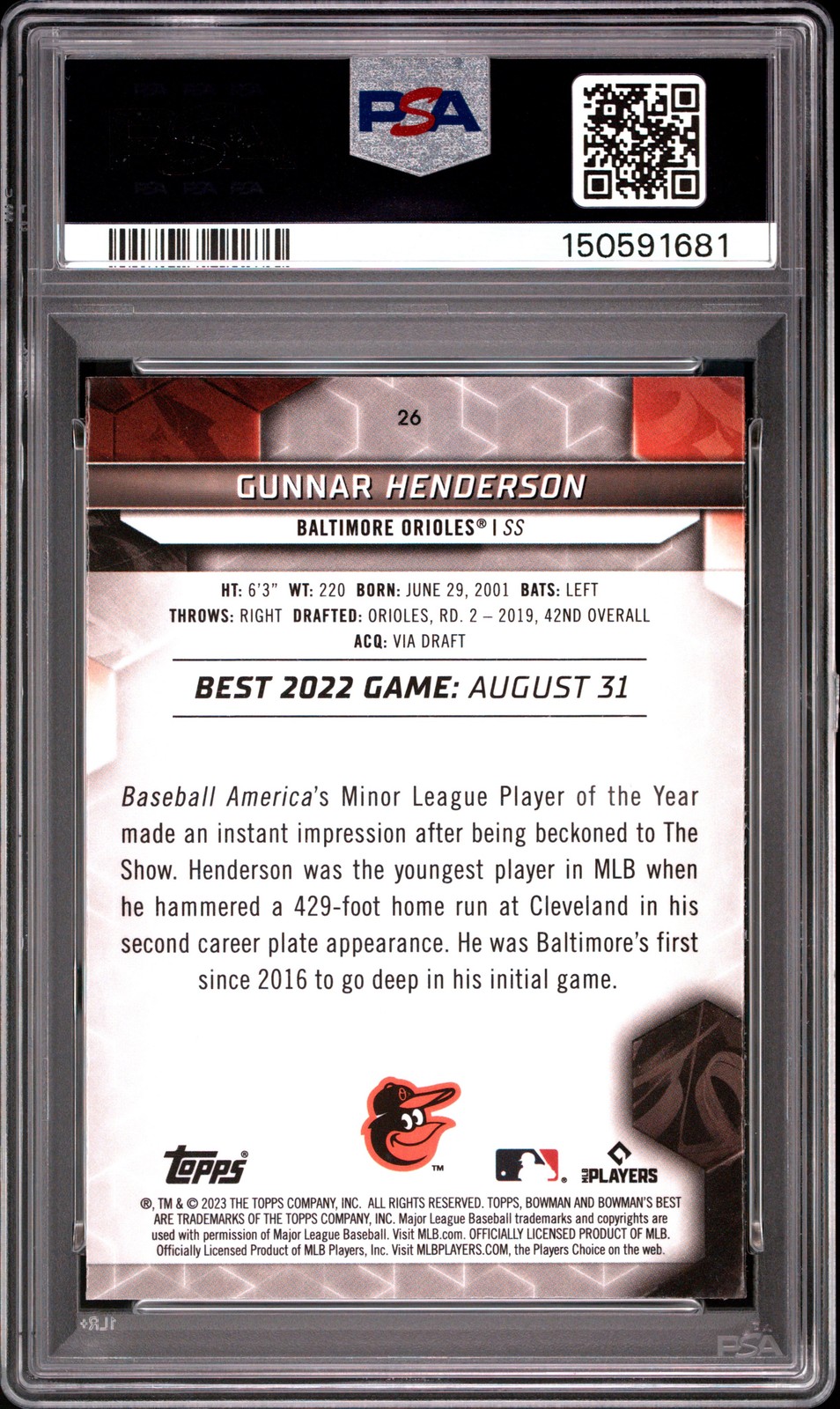 2023 BOWMAN'S BEST #26 GUNNAR HENDERSON ROOKIE RC PSA 10 view 2
