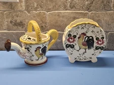 PY Ucagco Early Provential Rooster & Roses Round Flower Vase & Water Can (read)