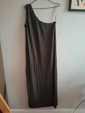 Mango dark khaki pleated crepe one shoulder dress - large - NWT