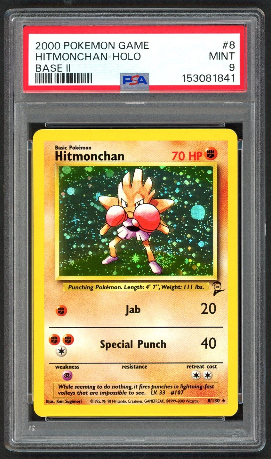 Pokemon Card - PSA 9 Hitmonchan 8/130 - Base Set 2 Holo - MINT - PSA9