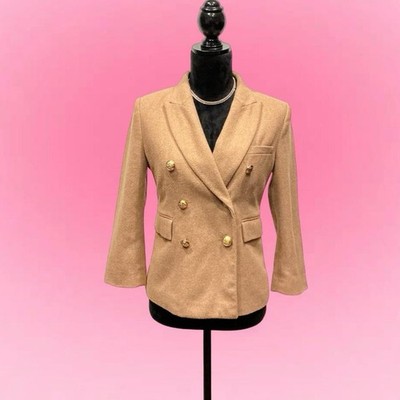  KUT Wool Blend Brown Coat With 3/4 Sleeves And Bold Gold Buttons Size S