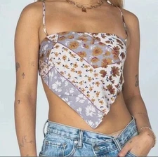 NEW Princess Polly Light Pink Floral Handkerchief Open Back Tie Crop Top Tank XS