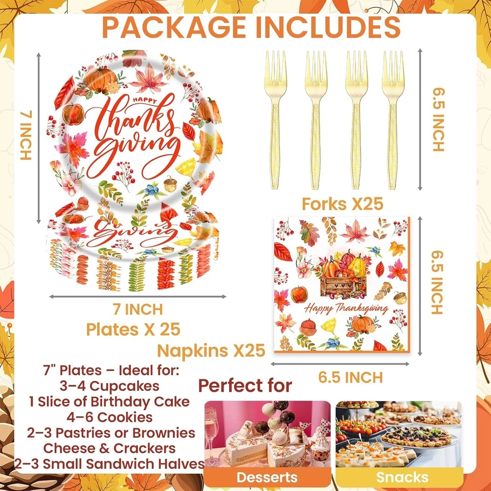 "75PCS Thanksgiving Disposable Tableware Set with Plates, Napkins & Gold Forks" - Image 2 of 4