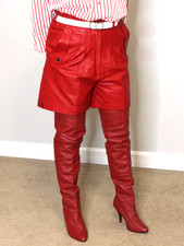 Womens Leather Shorts Red L Biker Rocker Bermuda Pleated Vintage 80 90s Rare