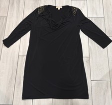 Michael Kors Womens Midi LS Dress Black Cowl Neck Gold Studded Shoulder Size L