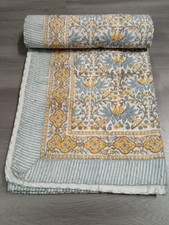 Indian Handmade Cotton Kantha Quilt Hand Block Print King Size Bedspread Blanket