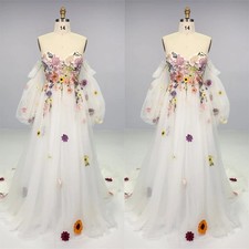 Boho White Ivory Off Shoulder 3D Appliques Wedding Dress Puffy Sleeves A-line
