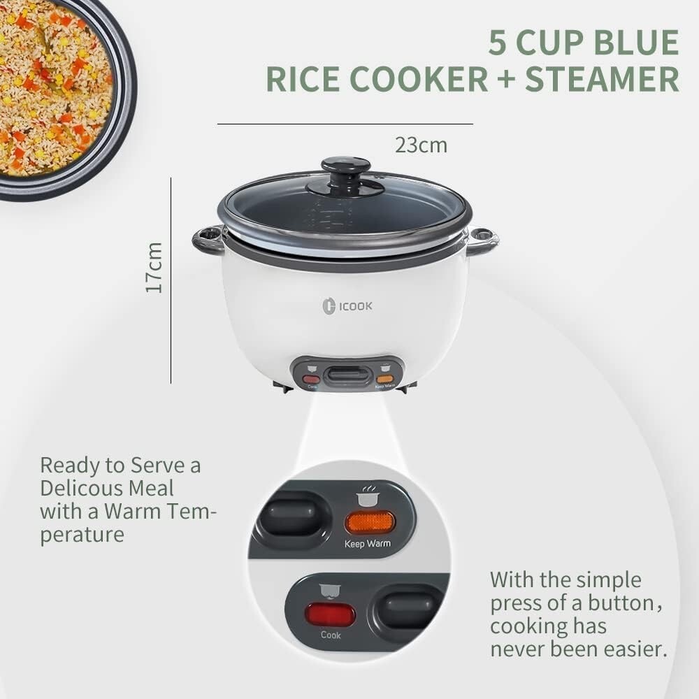 iCook White Rice and Multi-Grain Cooker 1L, Removable Non Stick Pot