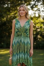 Chico's Womens Size 2 Blue & Green Chevron Sleeveless Midi Dress Asymmetric hem