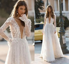 Deep V Long Lace Sleeve 3D Floral Tulle A Line Wedding Gown With Sweep Train