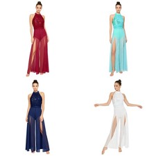 Women Dancewear Stage Bodysuit Figure Skating Jumpsuit Mesh Mock Neck Strappy