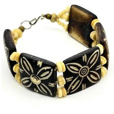 Vintage Carved Wood Floral Batik Tile Bracelet Boho Ethnic Tribal Classic