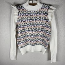 LOFT Kint Sweater Ruffle Sleeves S Pullover Mock Neck Geometric Jacquard