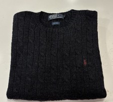 Vintage Polo Ralph Lauren 100 Wool Cable Knit Sweater Black Red Pony Large 90s