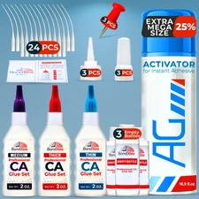 CA Glue Mix with Activator (2 oz Thick + Thin + Medium) Cyanoacrylate Super Glue