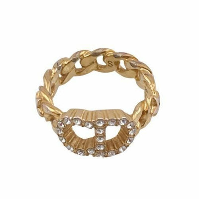 Christian Dior Chain Ring CLAIR D LUNE CD Logo Rhinestone Size S US5.5