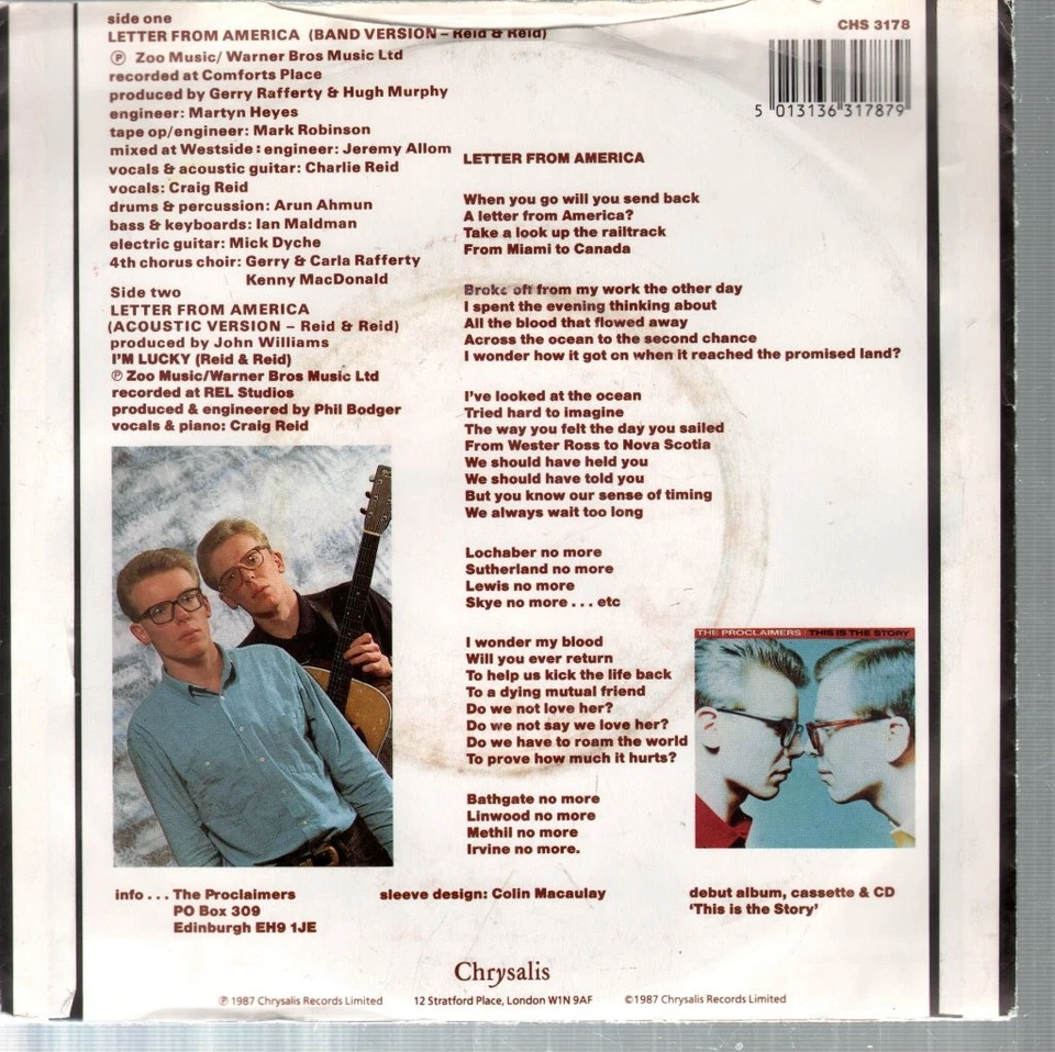 Proclaimers Letter From America 7" vinyl UK Chrysalis 1987 in pic sleeve CHS3178 - Image 2 of 2