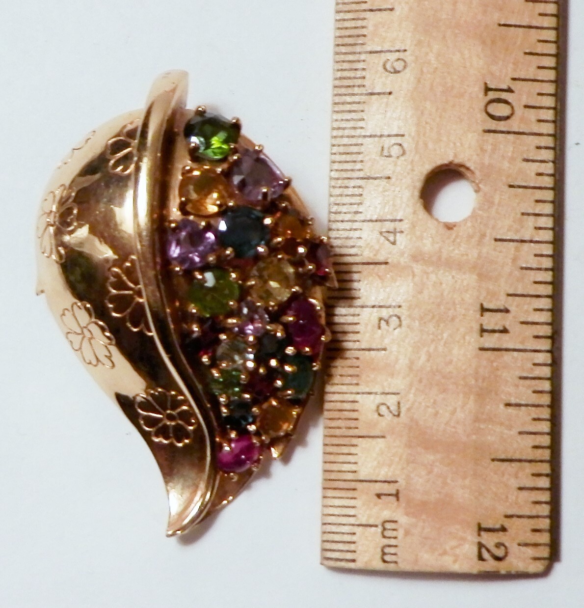 Solid 14K Yellow Gold Multi Gemstone Leaf Shape L… - image 2