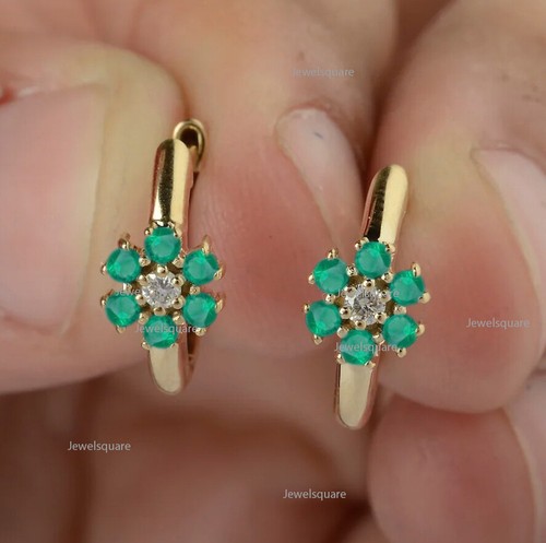 Natural Turquoise & Emerald Diamond Floral Hoops Earrings 14k Gold Flower Huugie - Picture 8 of 11