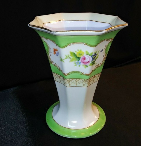 Vintage Blumenvase Nippon Morimura Noritake M grüne Blattmarke weiß floral gold 7" - Bild 5 von 12