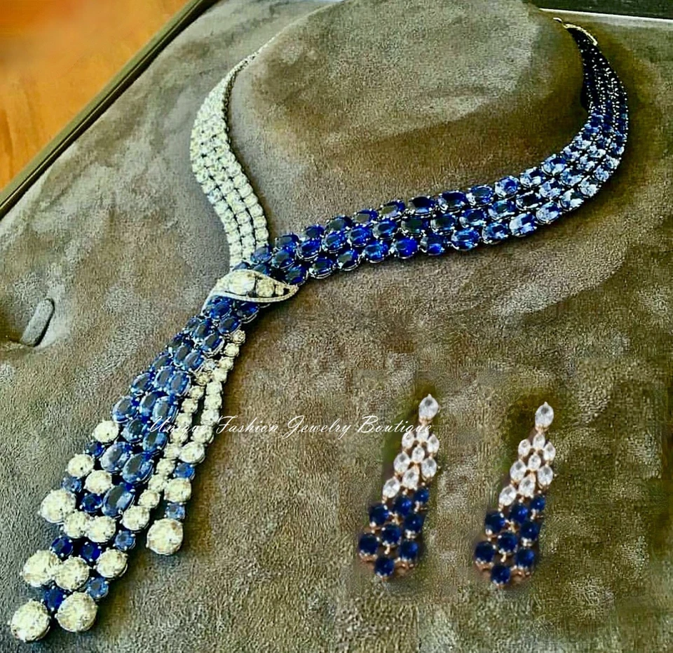 Precioso conjunto de aretes collar zafiro azul creados en laboratorio rellenos de oro de 18k Foto 3 de 4